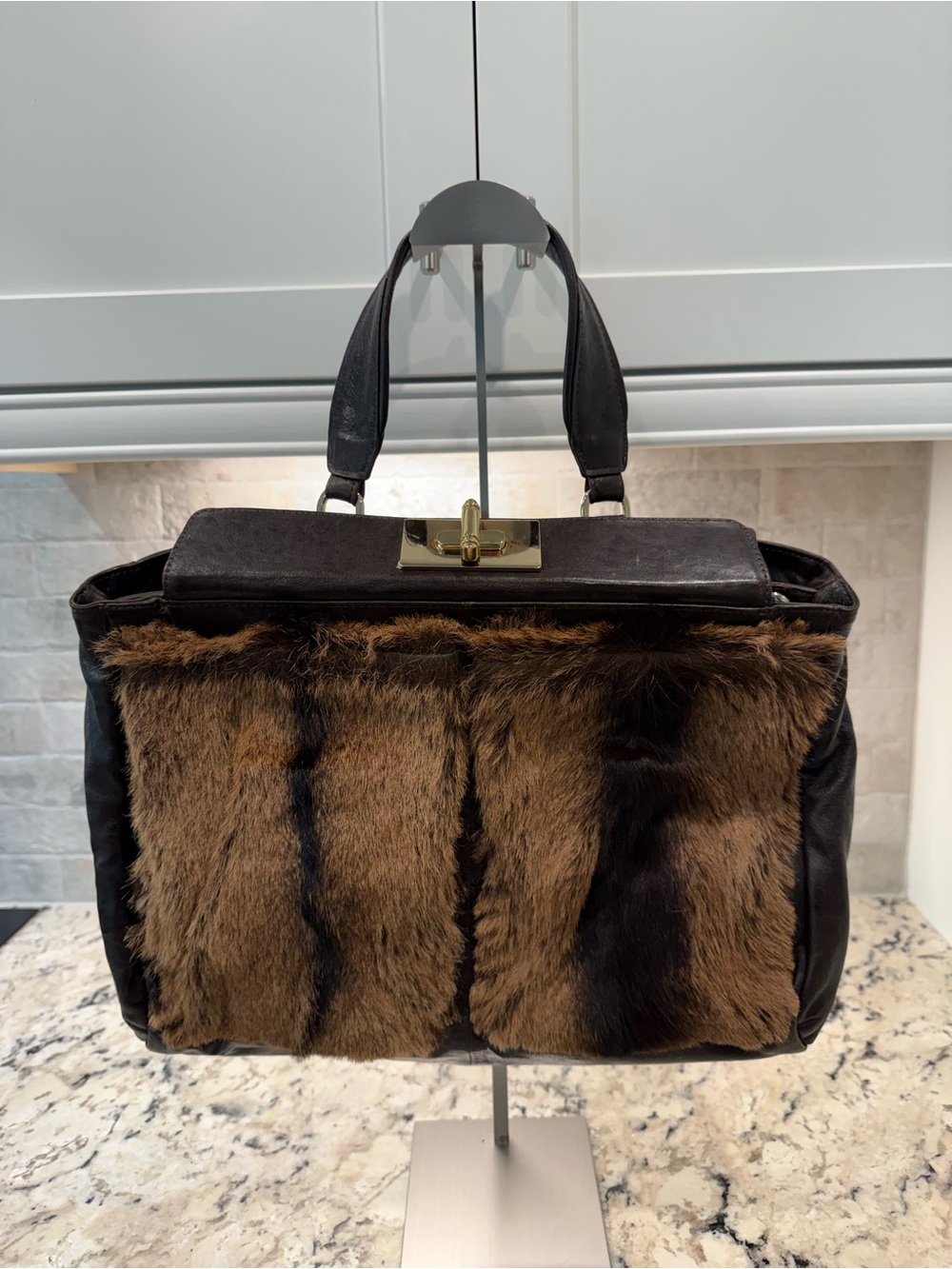 Be & D EUC Dark Brown Leather Satchel w/Real Fur Front Panels